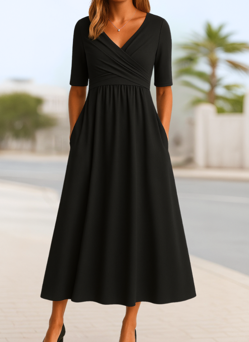 Faux Wrap V-Neck Short Sleeve A-Line Midi Dress 3
