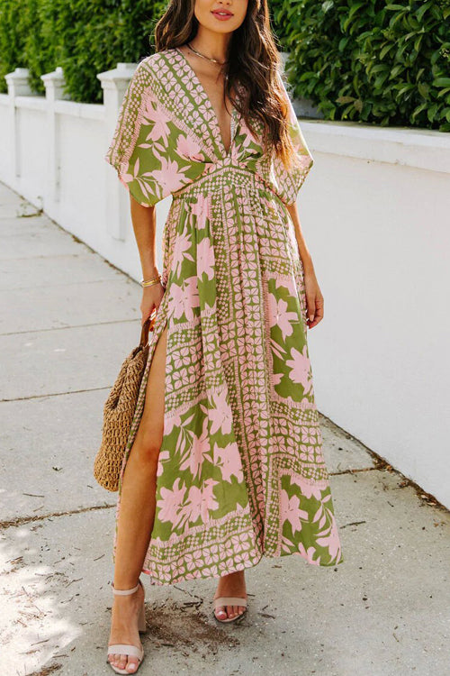 Perfectly You V-Neck Print Maxi Dress Green&Pink