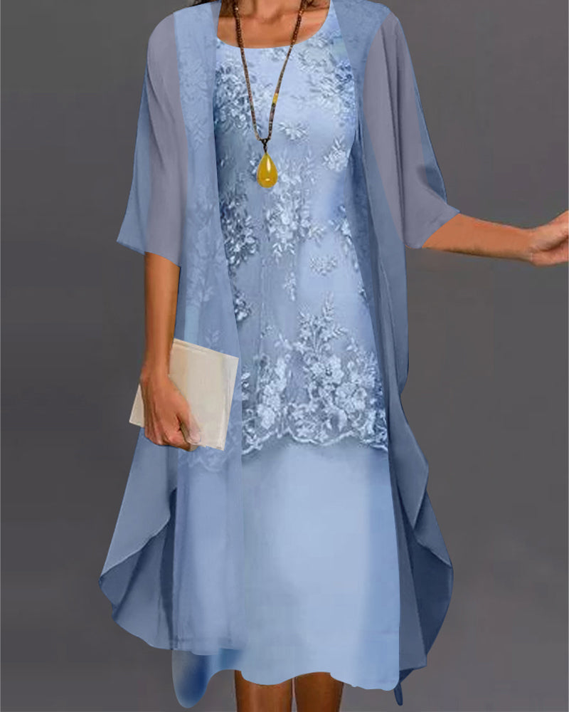 Floral Lace Embroidered Round Neck Midi Dress and Sheer Draped Hem Jacket Two-Piece Set