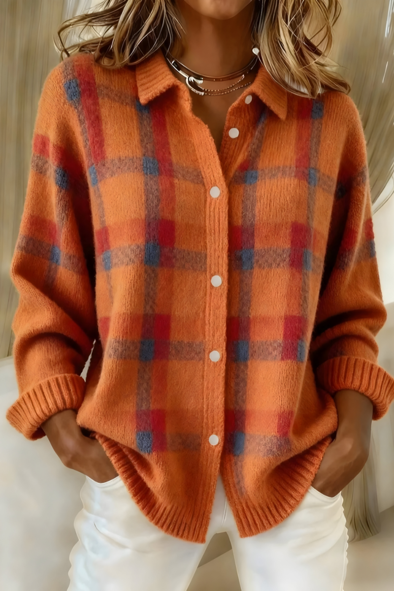 Plaid Collared Button Front Long Sleeve Knit Cardigan