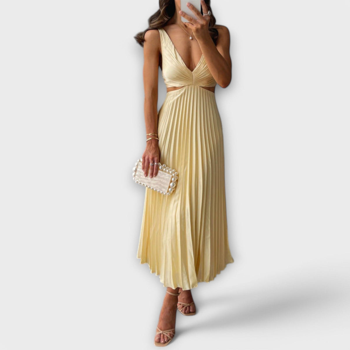 Deep V-Neck Cut Out Pleated Satin Midi Dress