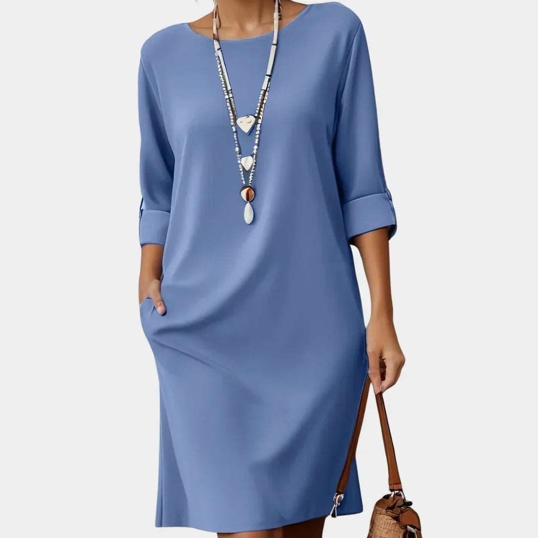 Round Neck Roll Tab Sleeve Shift Dress