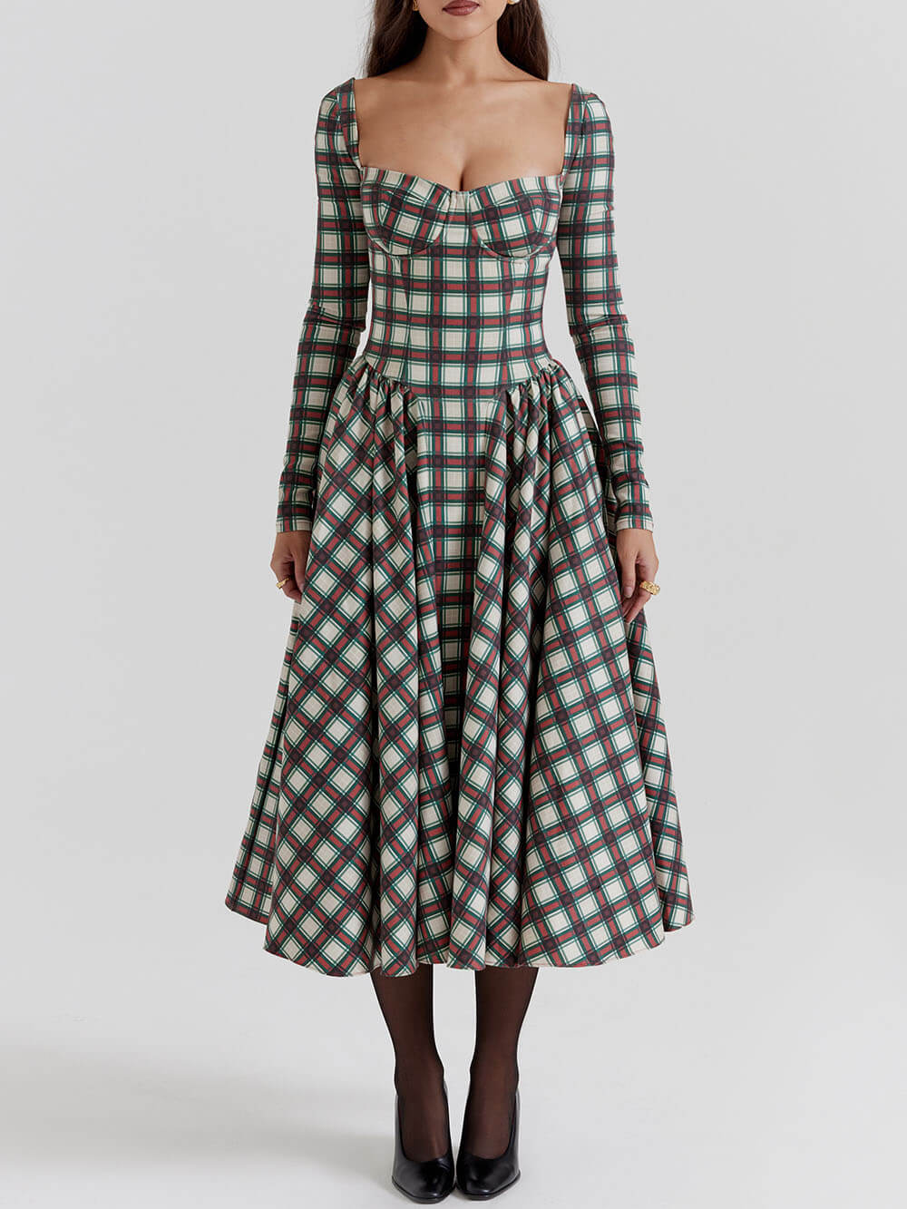Tartan Sweetheart Long Sleeve Corset Fit and Flare Midi Dress