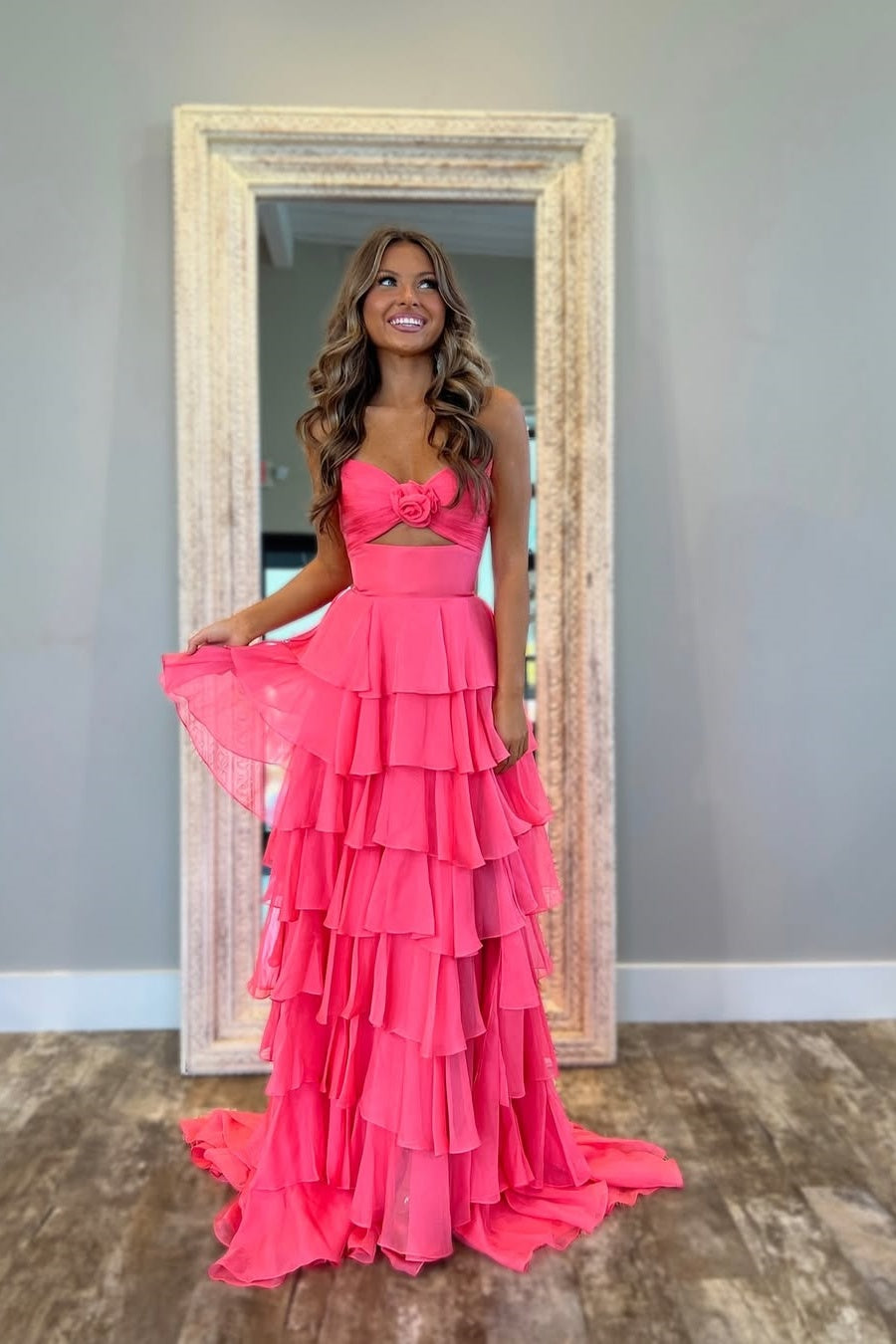 Cute Royal Blue A-Line Strapless Long Tiered Prom Dress with Slit