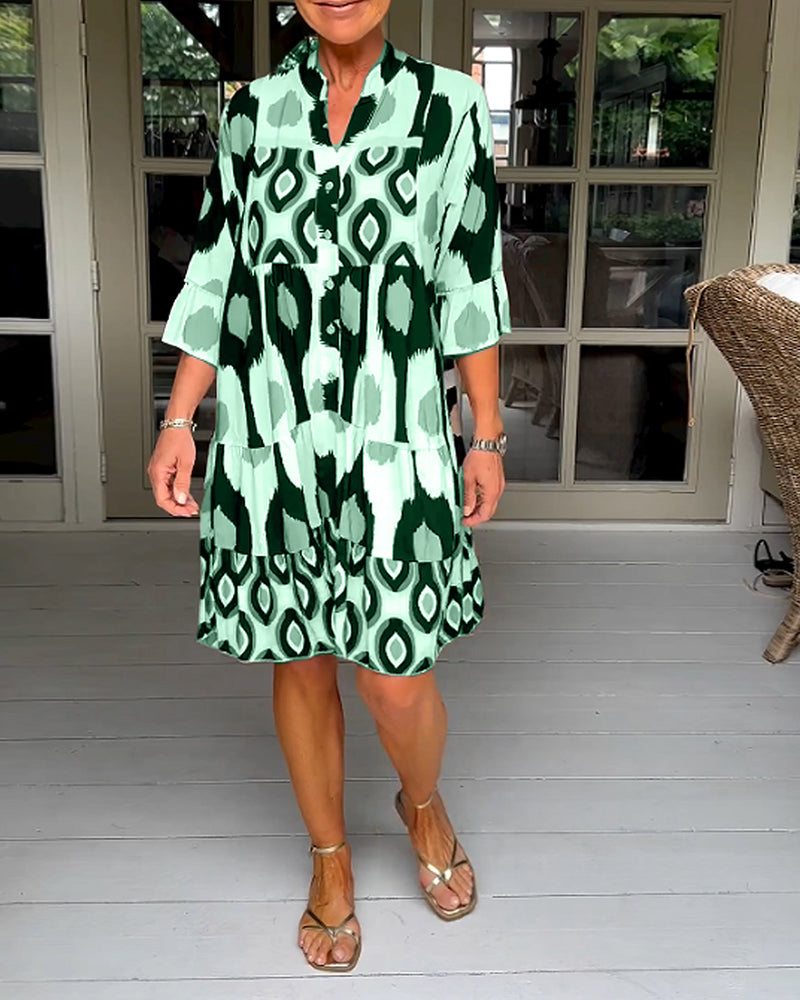 Abstract Print Button Front Flared Sleeve Tiered Midi Dress
