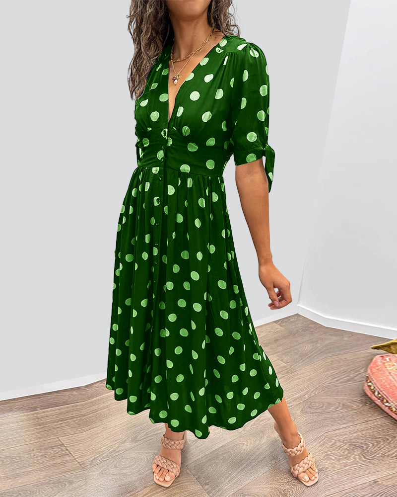 Polka Dot Deep V-Neck Button Front Puff Sleeve Tie Cuff Midi Dress