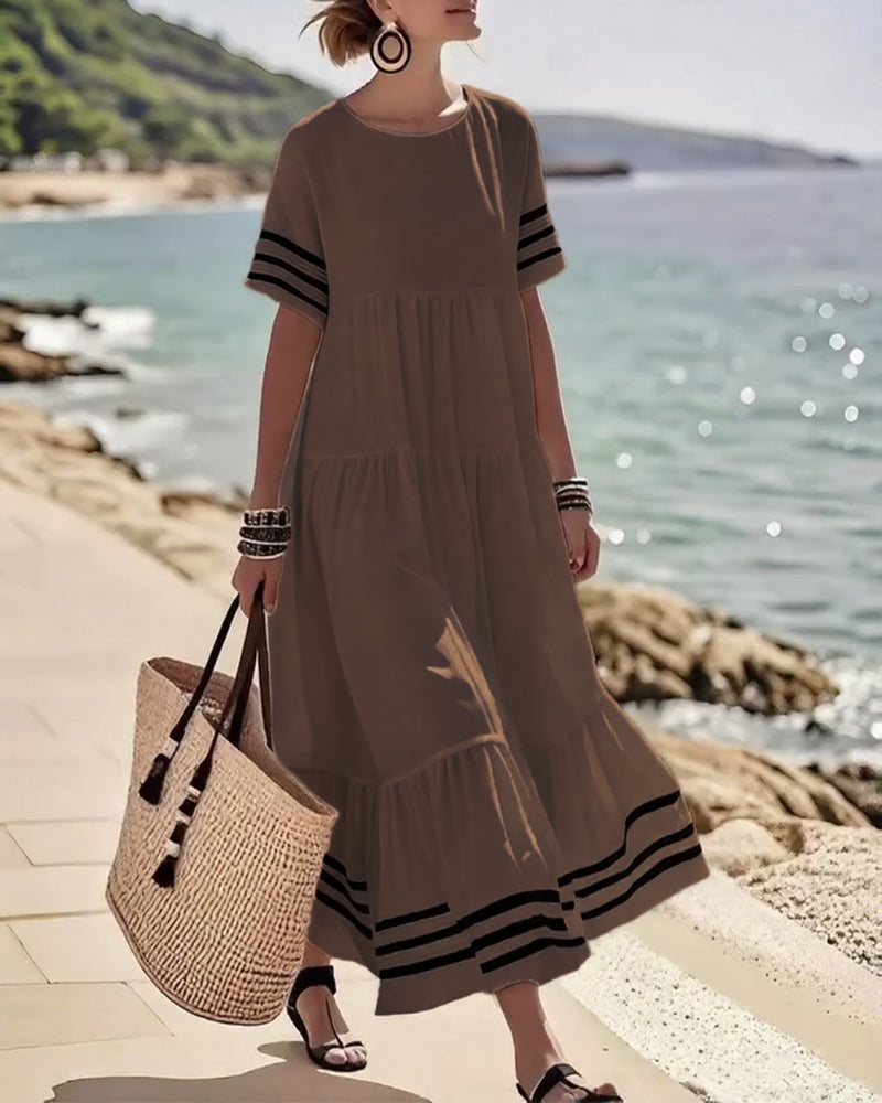 Striped Trim Short Sleeve Tiered Maxi Dress 11