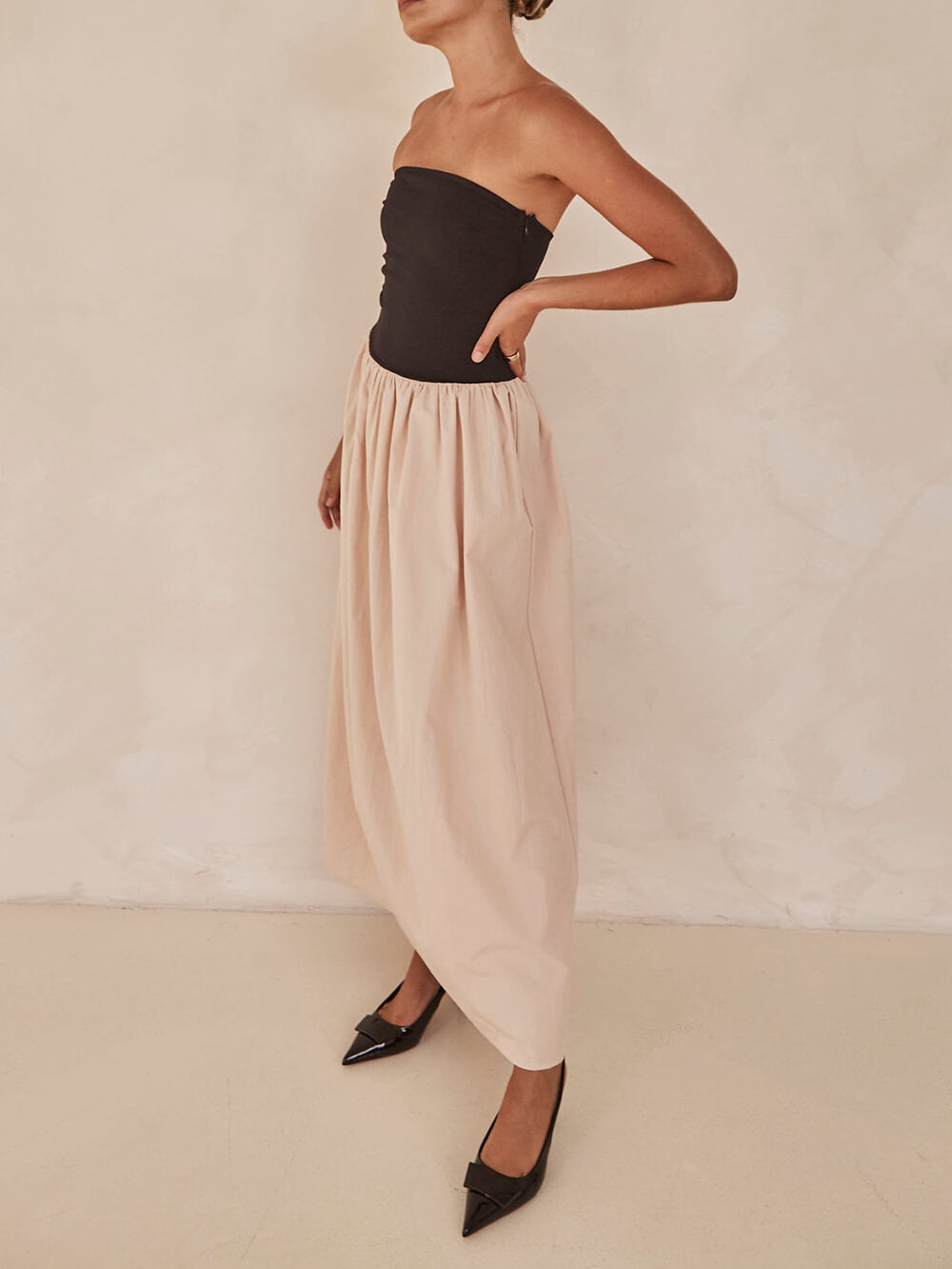 Strapless Contrast Bodice Drop Waist Gathered Maxi Dress 2
