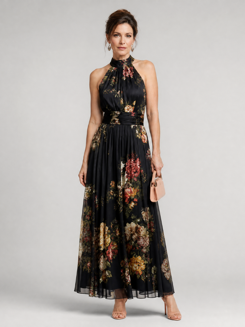Floral Halter Neck Ruched Waist Maxi Dress