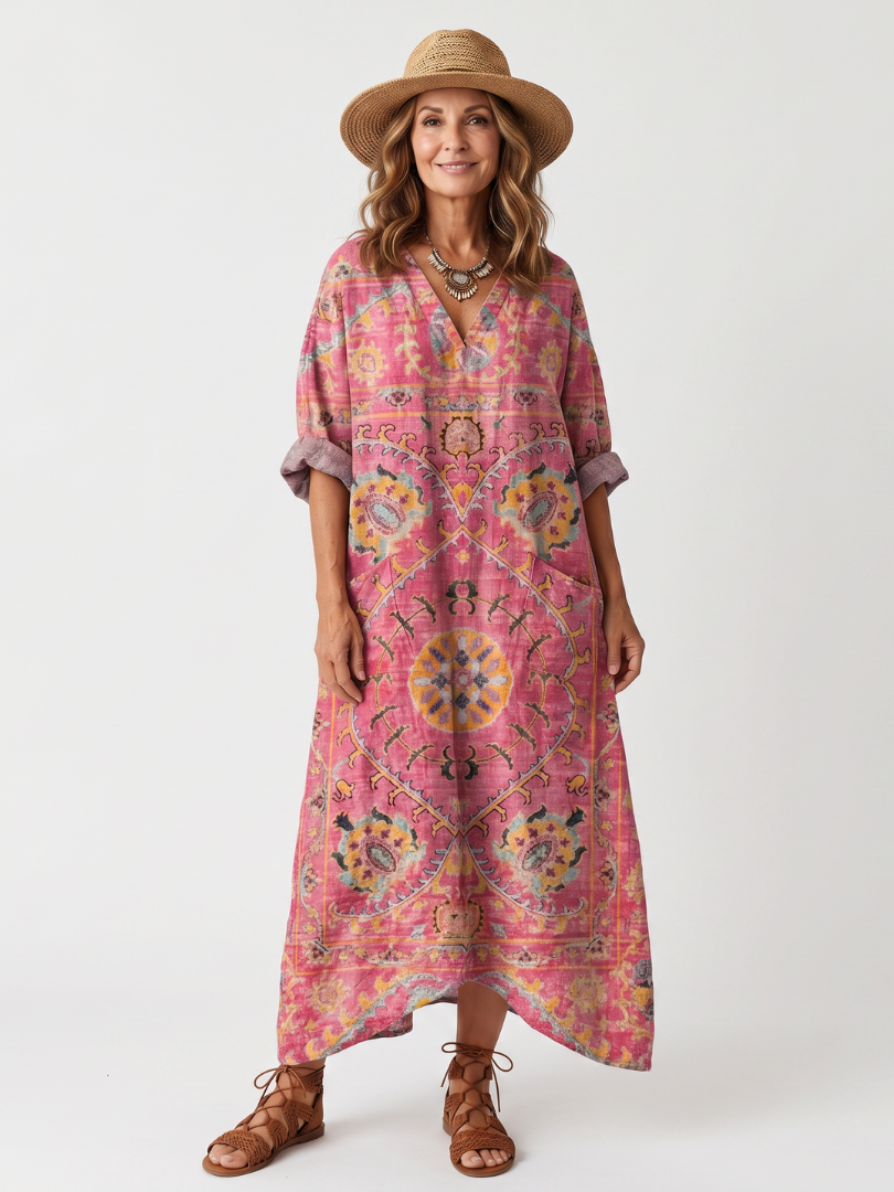 Paisley Medallion Print V-Neck Roll Sleeve Kaftan Maxi Dress