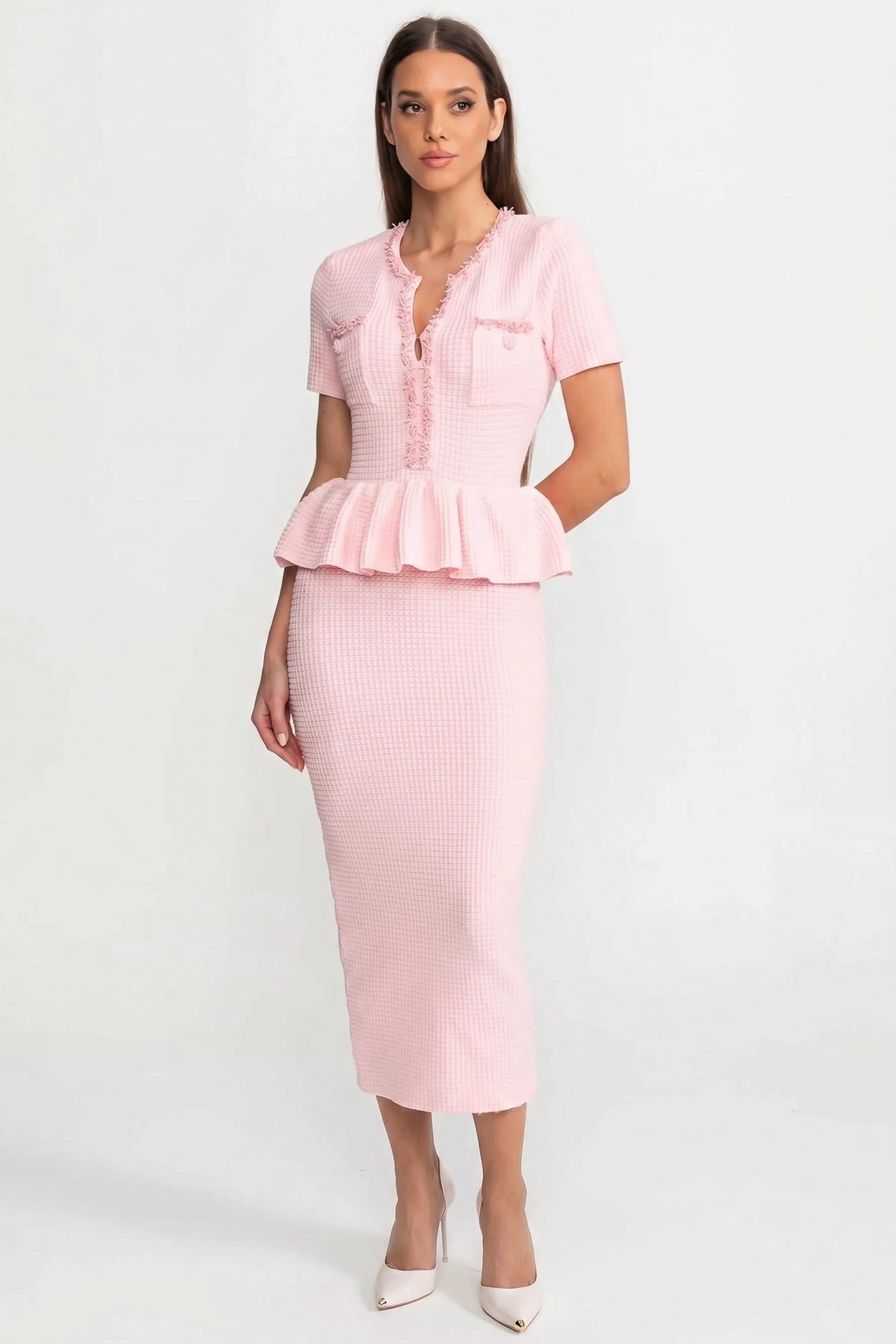 Textured Knit Short Sleeve Embellished Trim Peplum Waist Bodycon Midi Dress 2