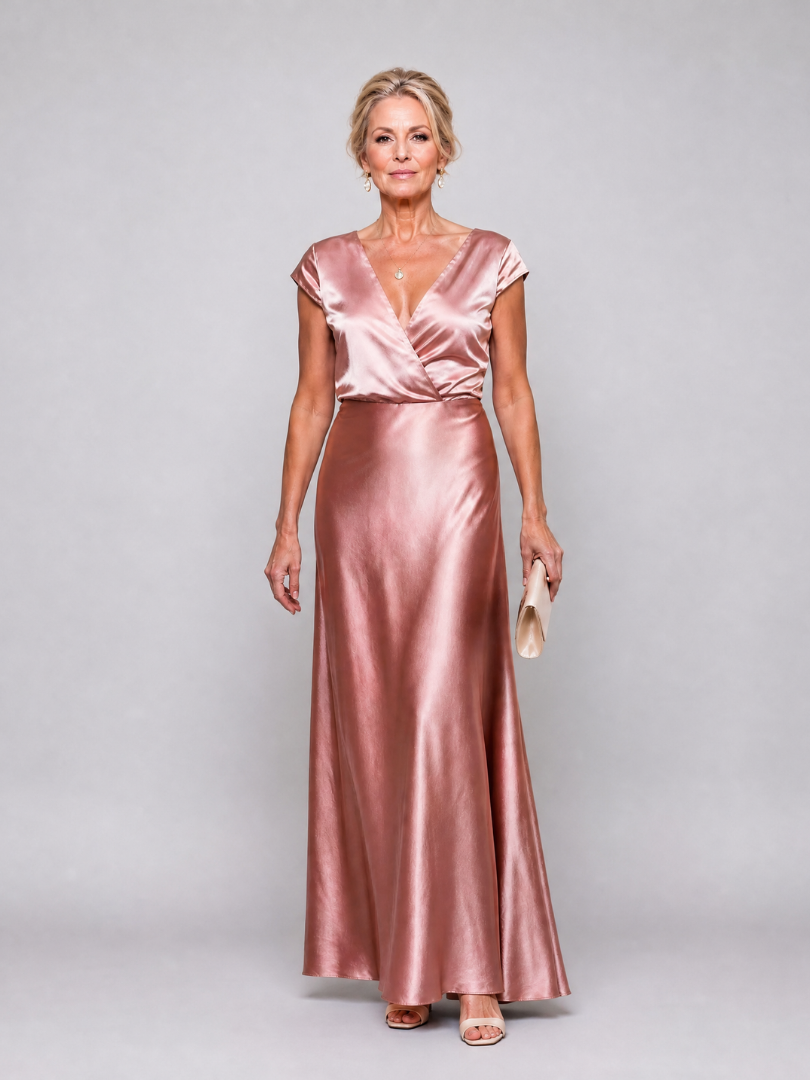 Surplice V-Neck Cap Sleeve Satin Maxi Gown