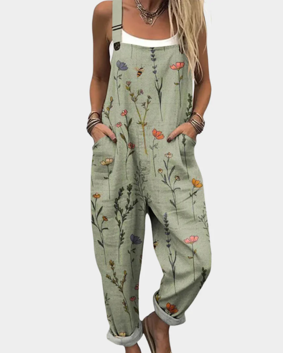 Wildflower Print Cuffed Leg Overall Jumpsuit with Pockets