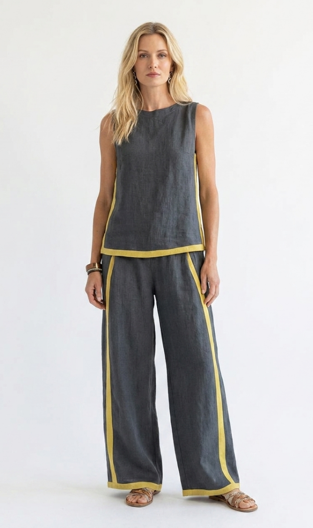 Contrast Trim Sleeveless Top and Wide Leg Pants Two Piece Set