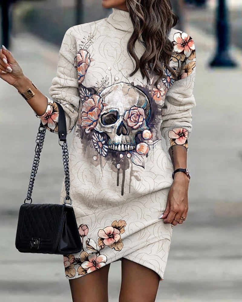 Mock Neck Long Sleeve Geometric Print Wrap Hem Bodycon Mini Dress