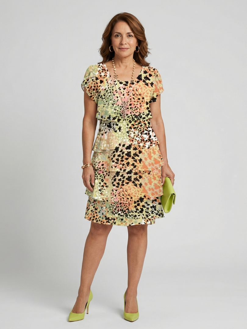 Abstract Spot Print Flutter Sleeve Tiered Knee Length Dress