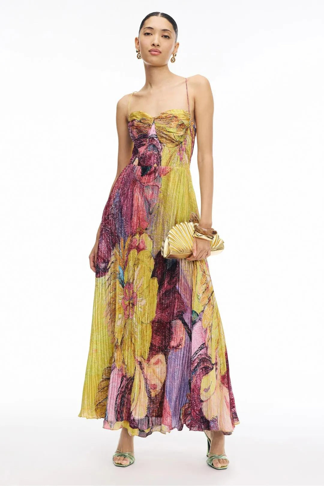Floral Print Spaghetti Strap Bustier Pleated Maxi Dress 3