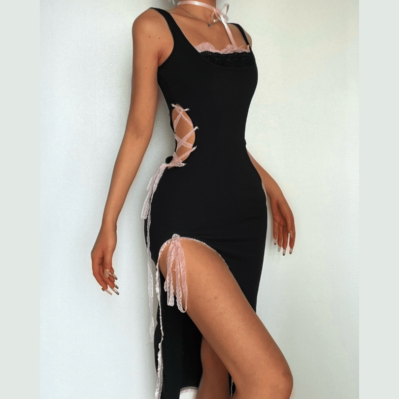 Contrast Lace Trim Lace Up Side Cut Out High Split Midi Dress