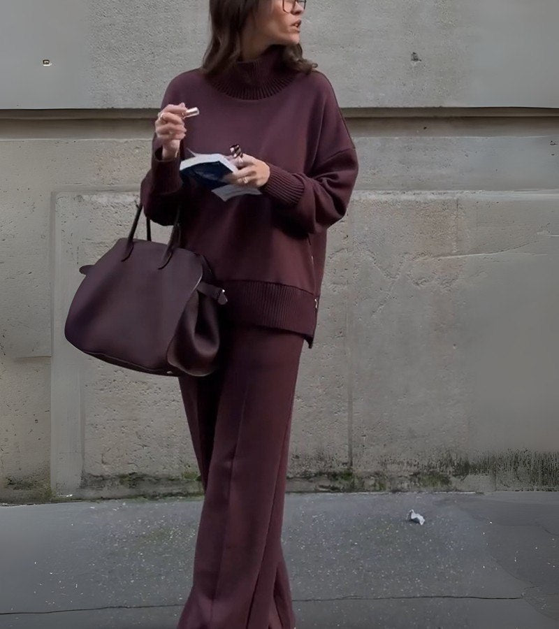 Drop Shoulder Knit Top and Wide Leg Pants Two Piece Set