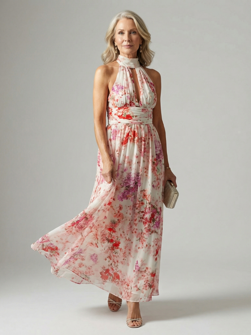 Floral Print Halter Neck Keyhole Maxi Dress