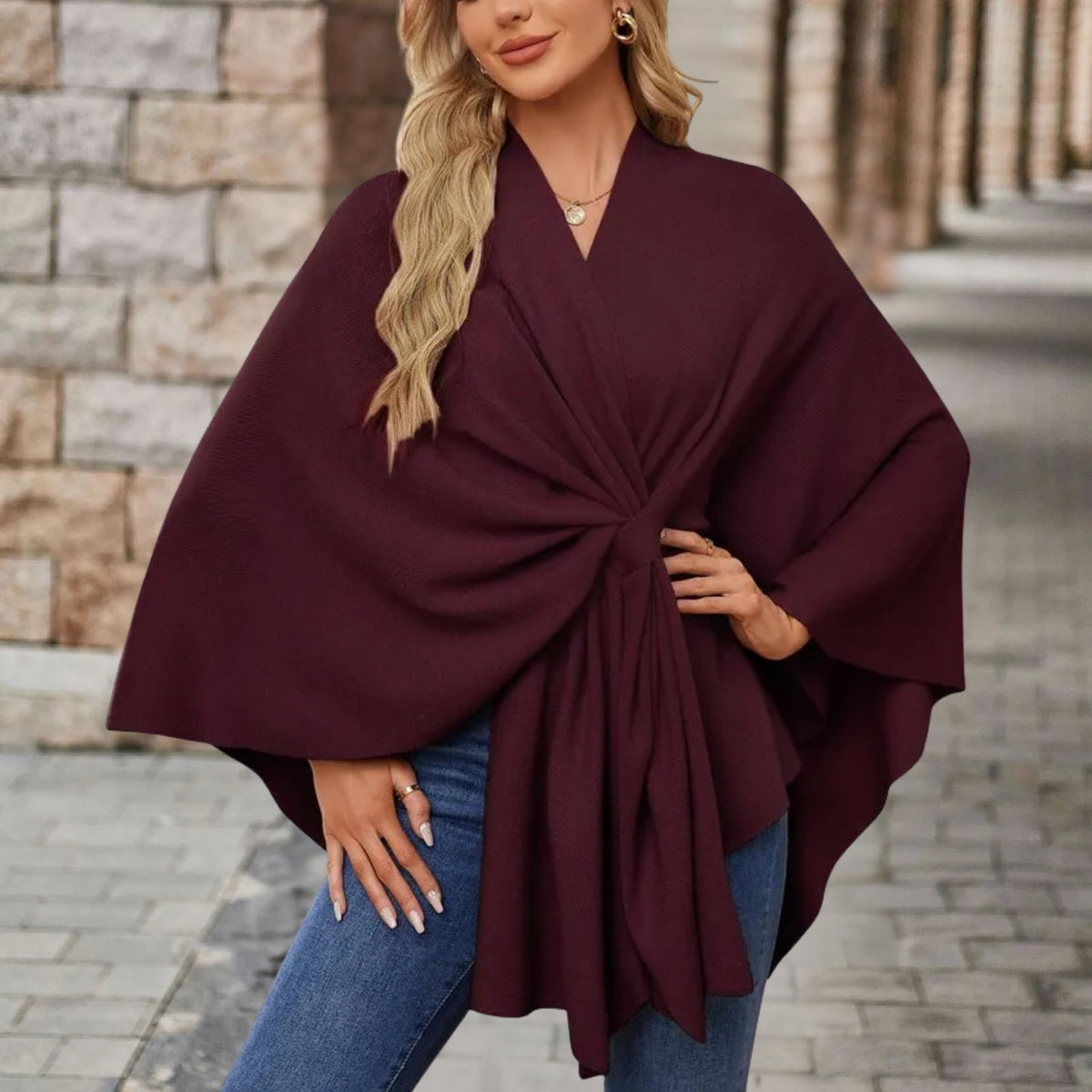 Twist Front Batwing Sleeve Knit Poncho