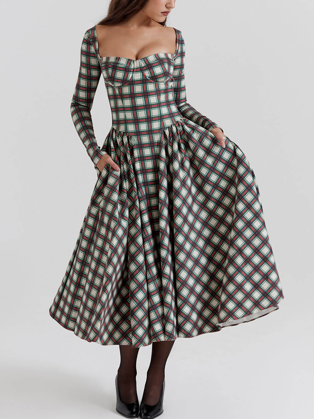 Tartan Sweetheart Long Sleeve Corset Fit and Flare Midi Dress