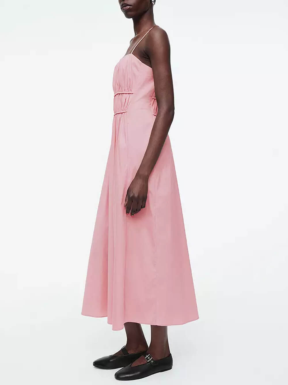 Spaghetti Strap Square Neck Shirred Waist A-Line Midi Dress 2