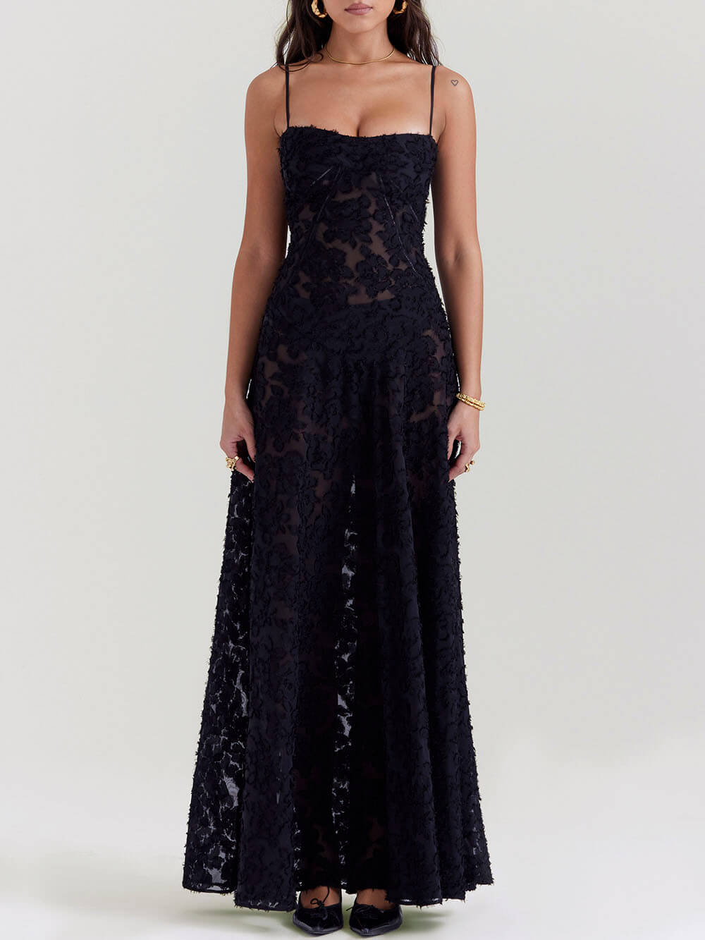Black Floral Lace Back Maxi Dress - View 2