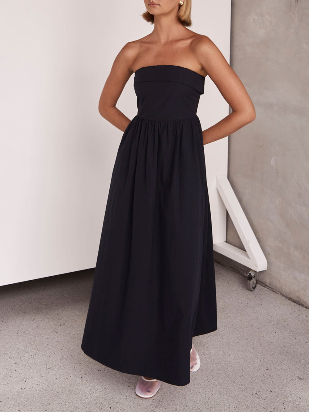 Strapless Fold Over Bandeau Gathered Waist A-Line Maxi Dress 3