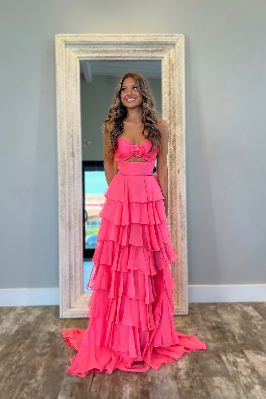 Cute Royal Blue A-Line Strapless Long Tiered Prom Dress with Slit