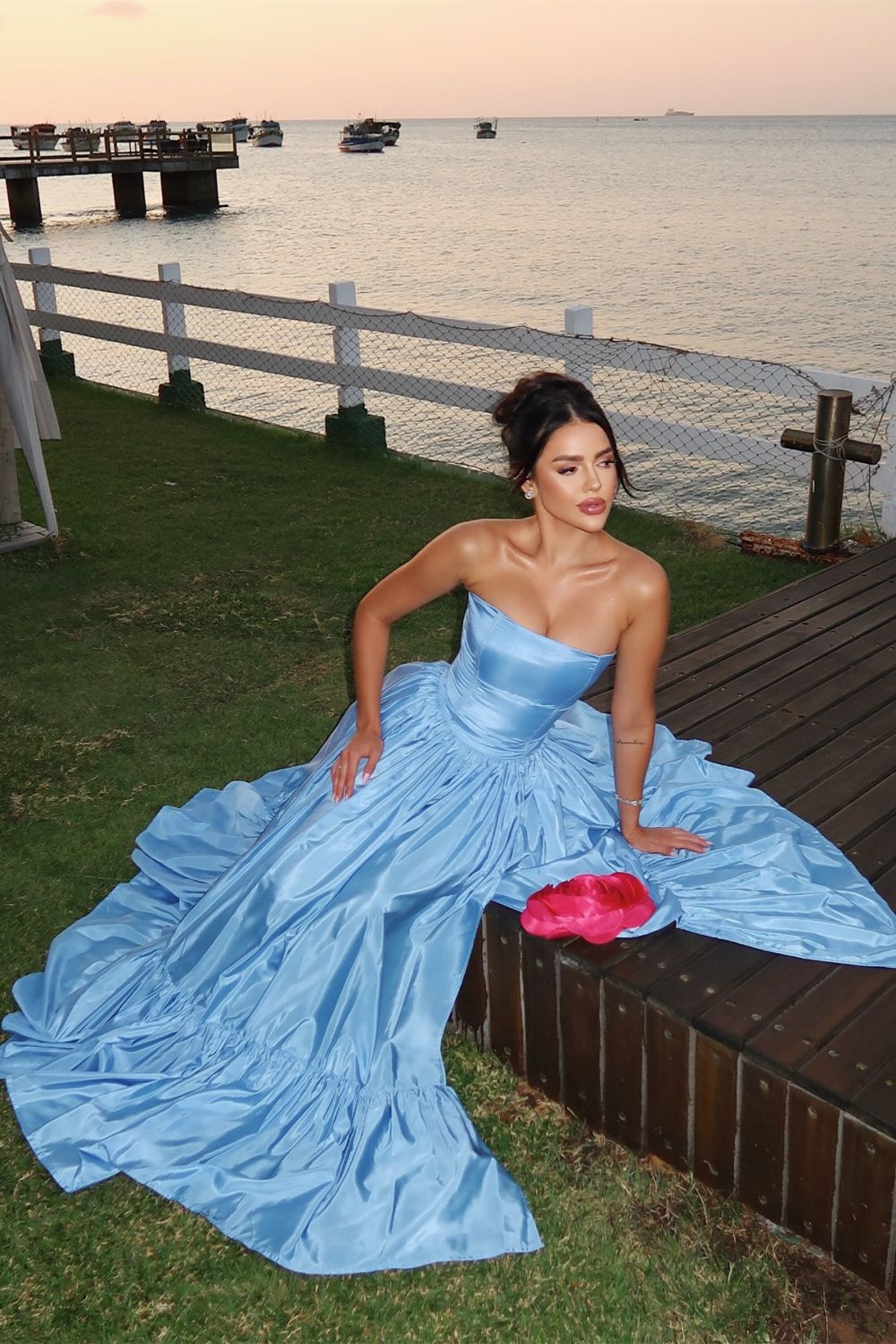 Charming A Line Strapless Blue Satin Long Prom Dress with Split Front