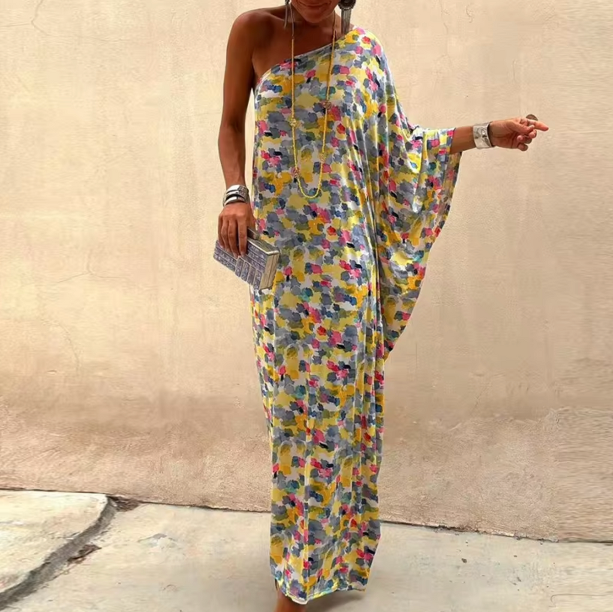 Abstract Floral Print One Shoulder Batwing Sleeve Loose Maxi Dress 6