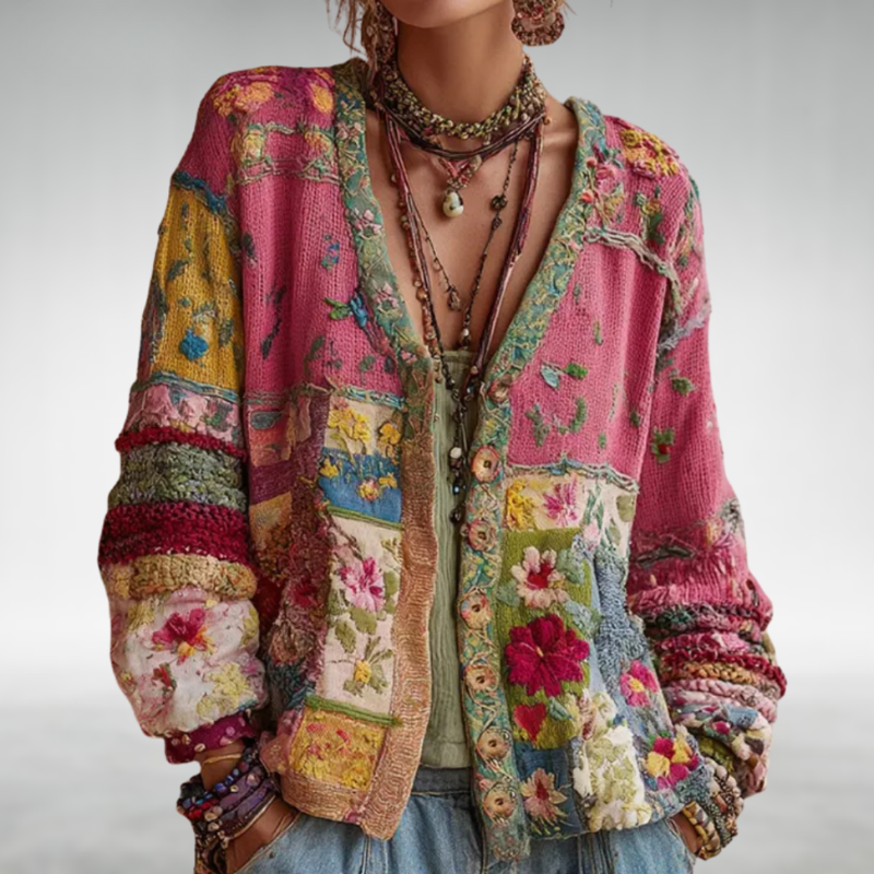 V-Neck Patchwork Floral Boho Button Front Cardigan