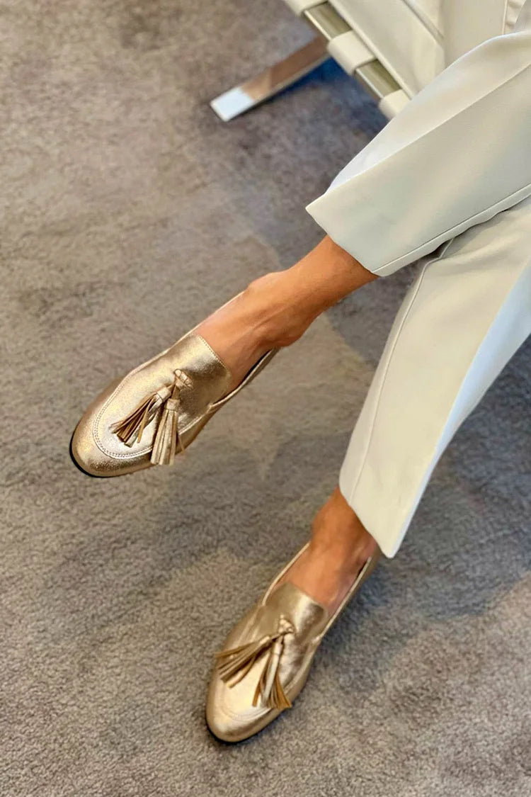 Metallic Finish Tassel Detail Slip On Loafers
