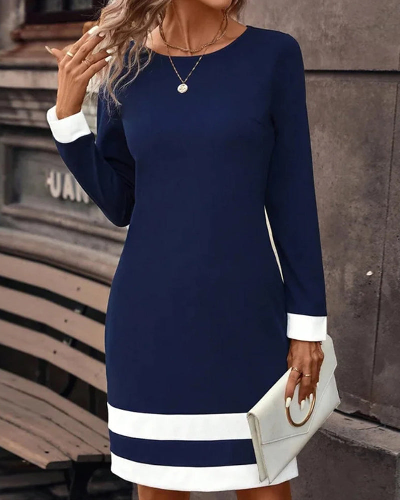 Colorblock Long Sleeve Crew Neck Mini Shift Dress