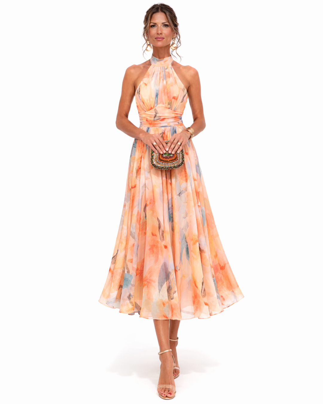 Watercolor Print Halter Neck Fit and Flare Midi Dress