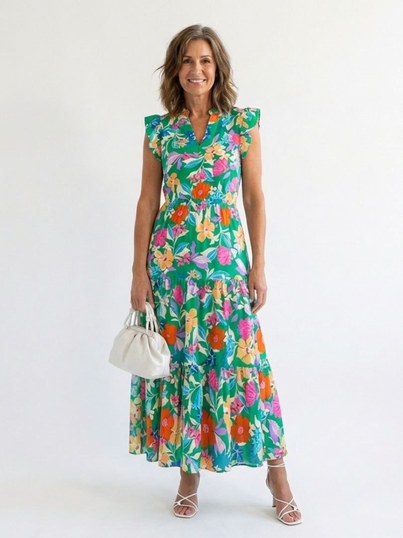 Floral Flutter Sleeve Split Neck Tiered Maxi Dress