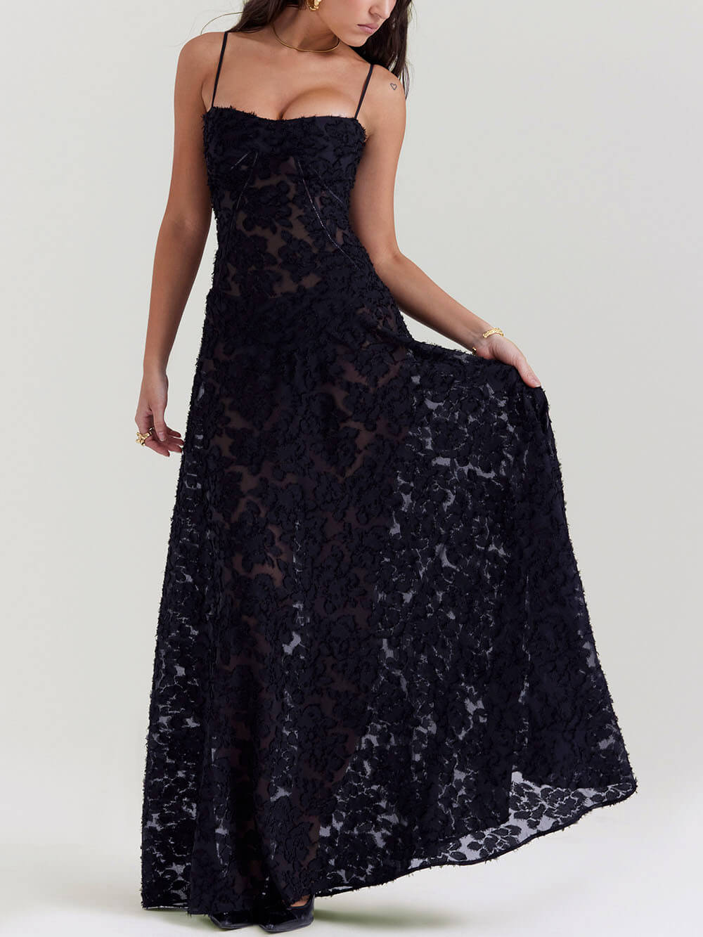 Black Floral Lace Back Maxi Dress - View 3