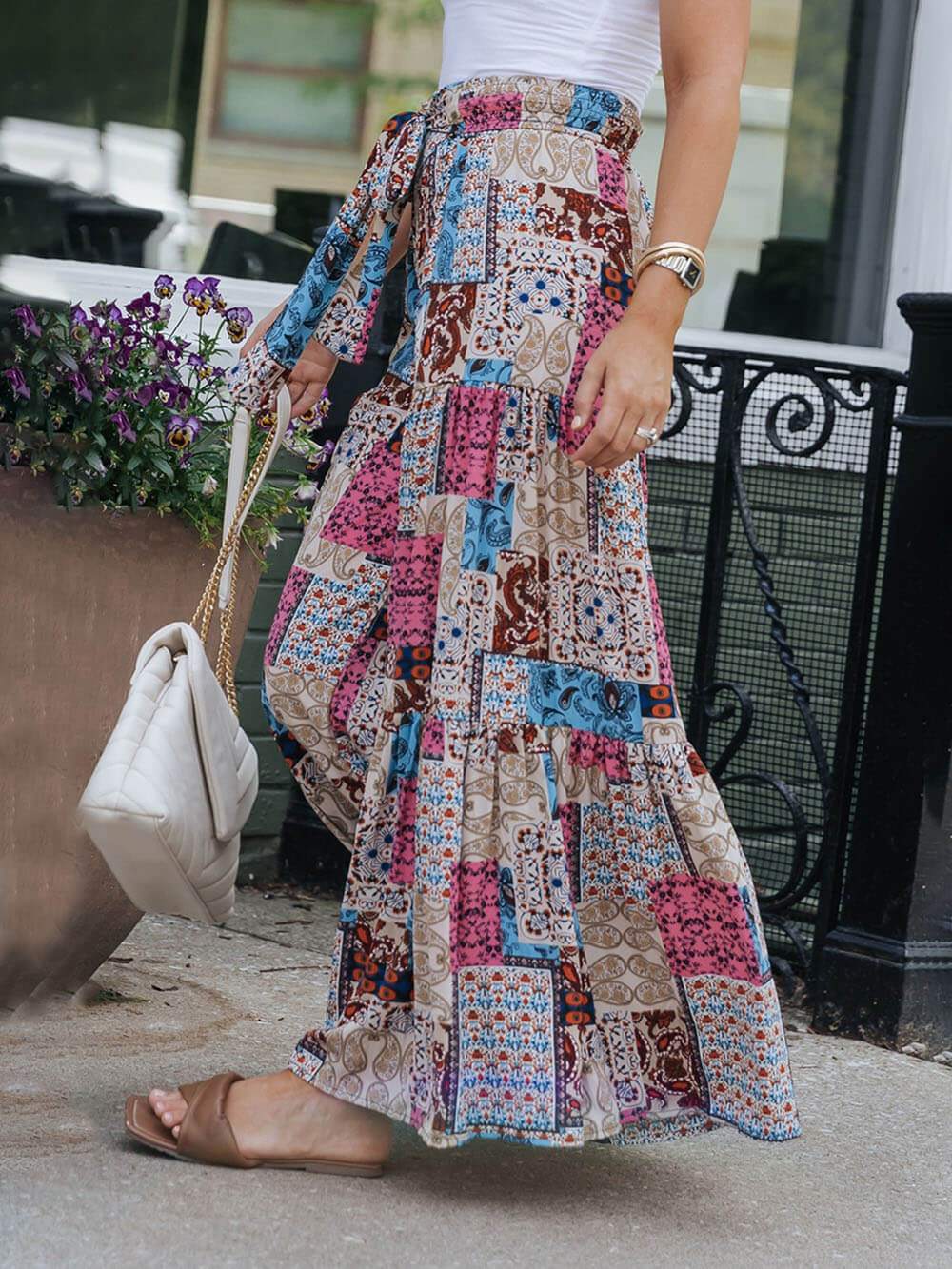 Patchwork Print Tie Waist Tiered Maxi Skirt
