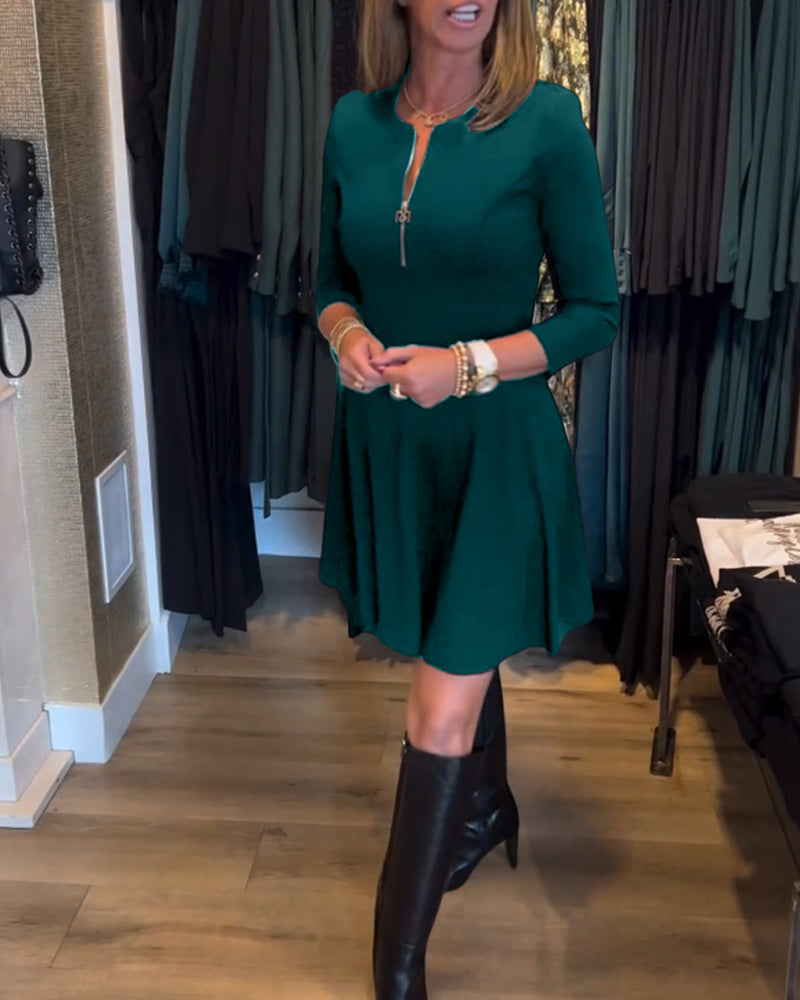 Round Neck Exposed Zip Front Three Quarter Sleeve A-Line Mini Dress