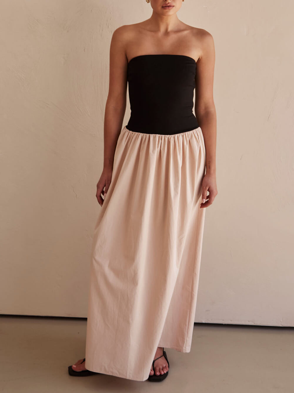 Strapless Contrast Bodice Drop Waist Gathered Maxi Dress
