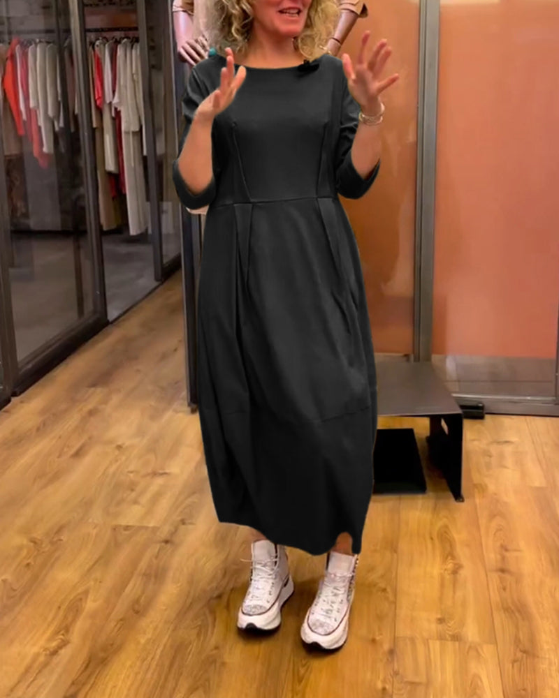 Boat Neck Three Quarter Sleeve Pleated Cocoon Midi Dress