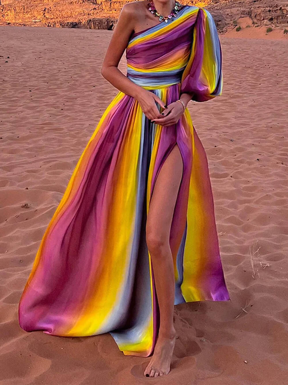 Rainbow Print Off Shoulder Maxi Dress