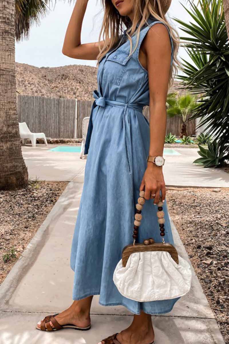 Denim-Look Sleeveless Collared Button Front Belted Midi Shirt Dress 2