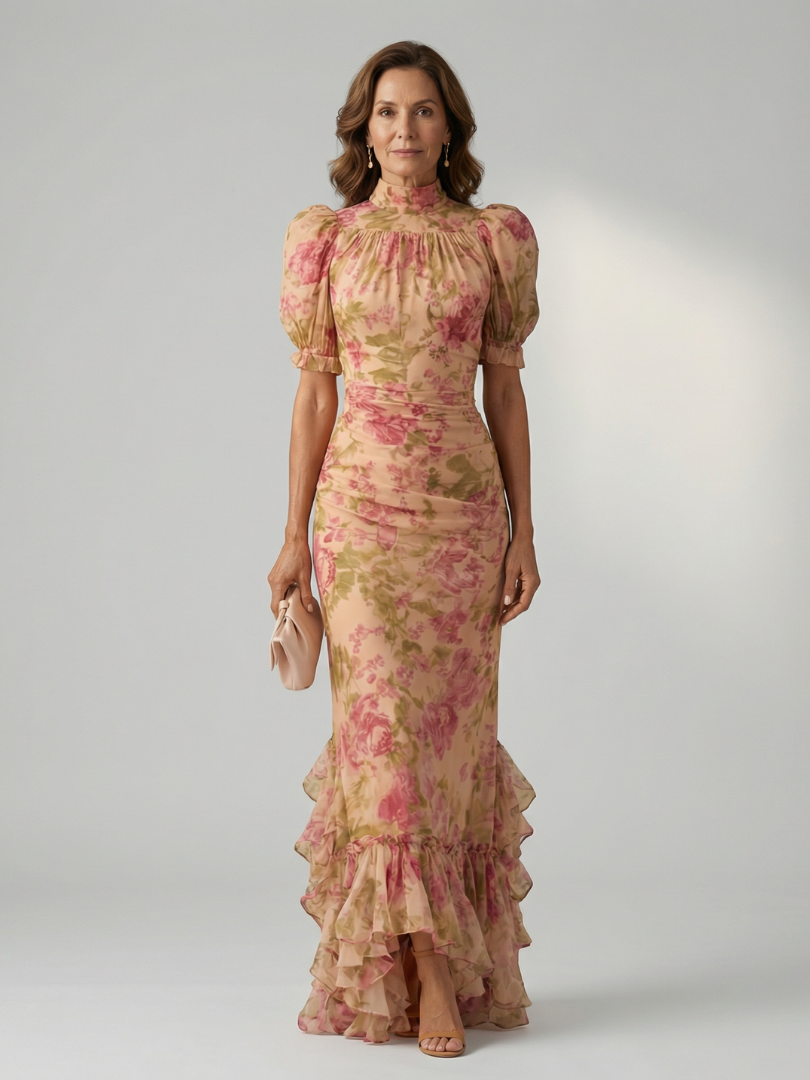 High Neck Puff Sleeve Floral Ruffle Hem Maxi Dress