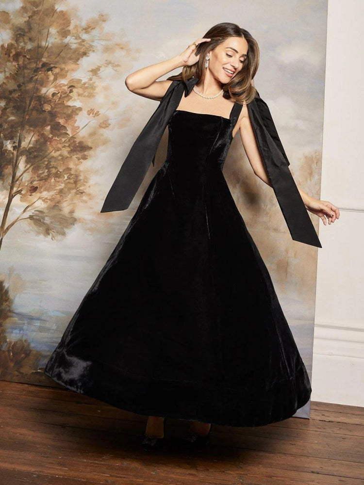 Velvet Square Neck Bow Shoulder Tie A-Line Maxi Dress