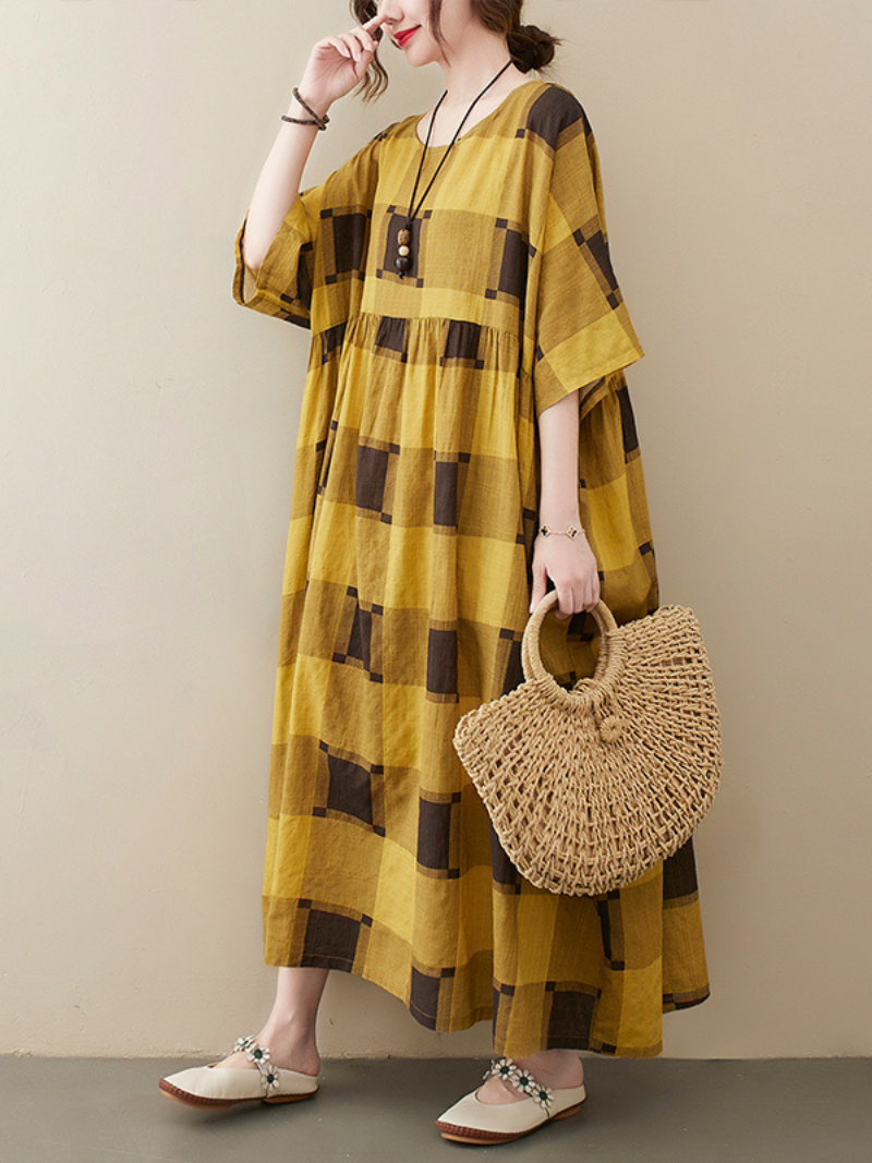 Plaid Round Neck Short Sleeve Oversized Smock Maxi Dress