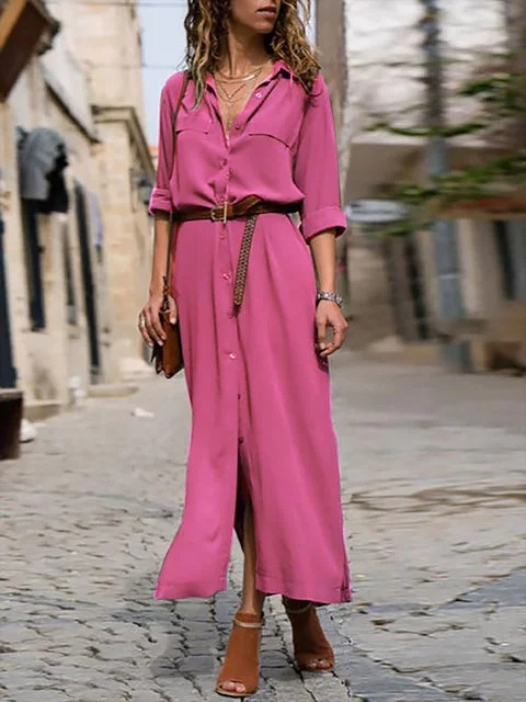 Belted Long Sleeve Button Down Side Slit Midi Shirt Dress