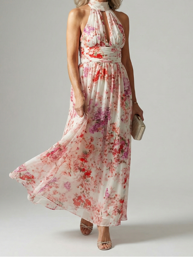 Floral Halter Neck Keyhole Maxi Dress