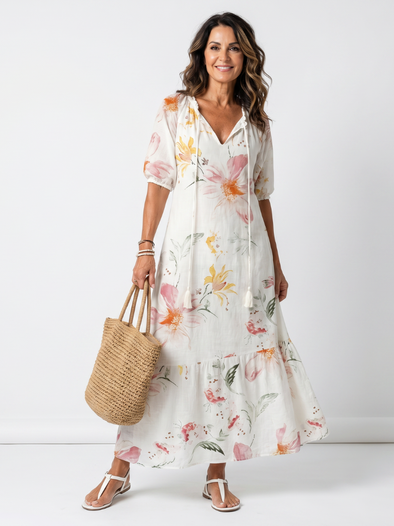 Floral Print V-Neck Short Sleeve Tiered Tassel Maxi Dress